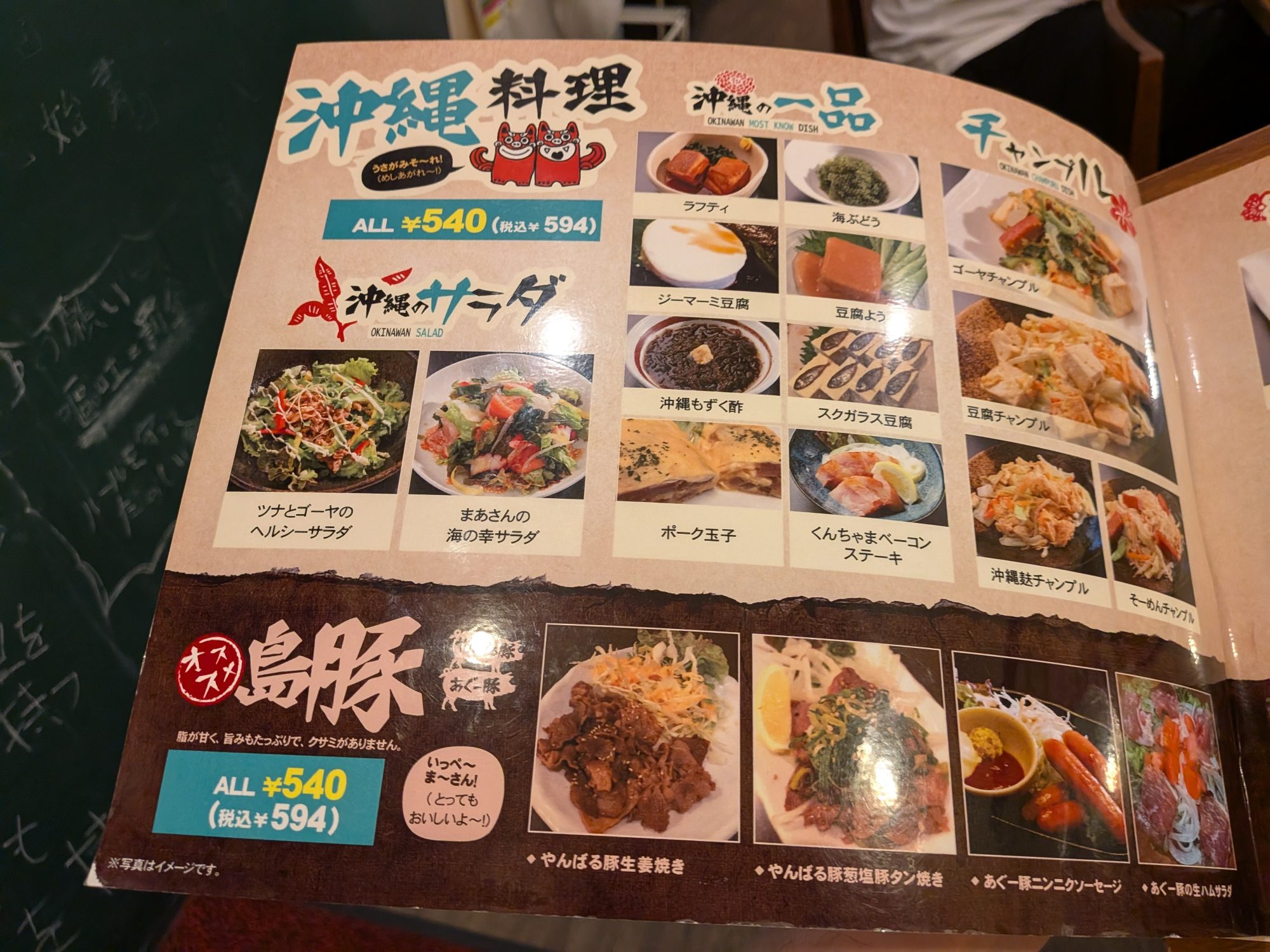 沖縄料理・沖縄のサラダ・チャンプル・島豚のメニュー表